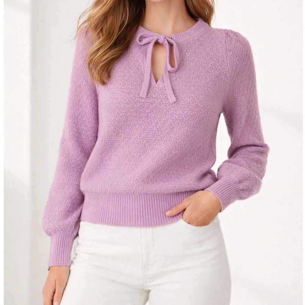 LOFT Sweater Womens Small Purple Tie‎ Neck Pointelle Knit Balloon Sleeve Cottage
